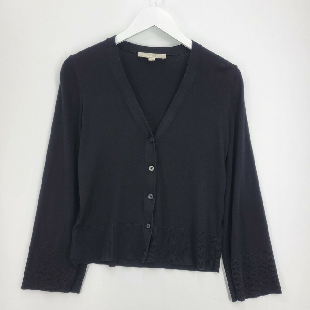 LOFT Sweater Black Button Front Cardigan Office Classic Preppy Layer